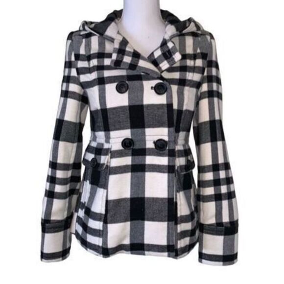 a.n.a Double Breasted Jacket with Hood Black & White Plaid Sz ML - Picture 1 of 7